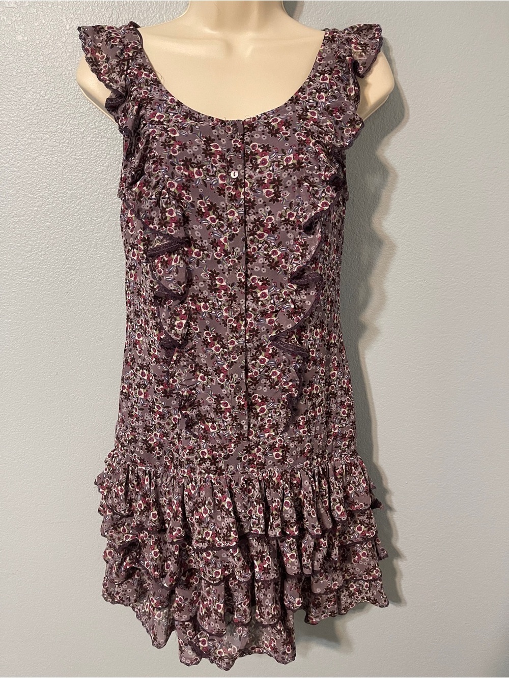 Mango Floral Ruffle Mini Dress Purple Sleeveless Tiered Boho Cottagecore XS
